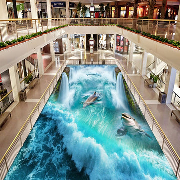 Dolphin Sea Water Waterfall 3D Floor Mural Wallpaper